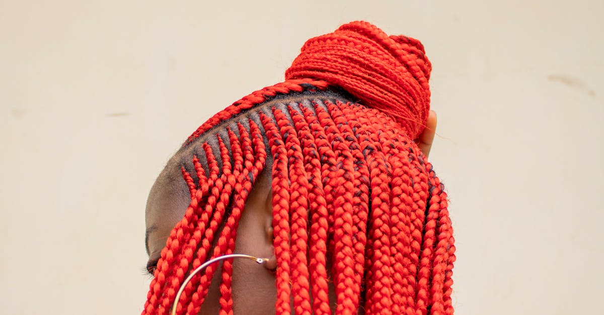 Close-up of a woman with vibrant red braided hair styled in a bun and large hoop earrings.